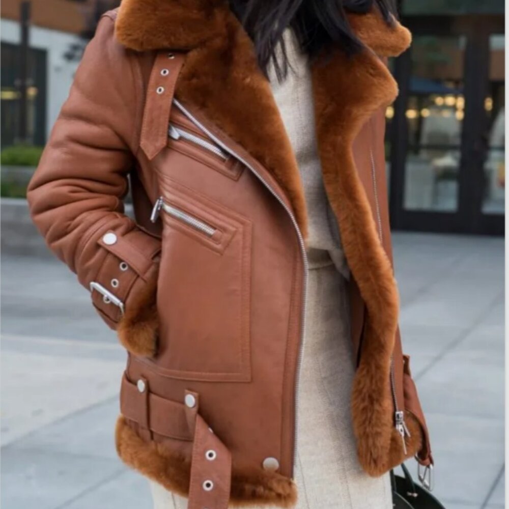 The Arrivals Moya Leather & Shearling Trim Jacket Brown- Size Large